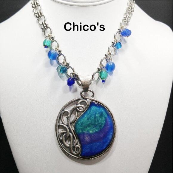 Chico’s Silver Tone Necklace Blue Teal Purple Pendant Iridescent Beads 20" - Picture 1 of 9
